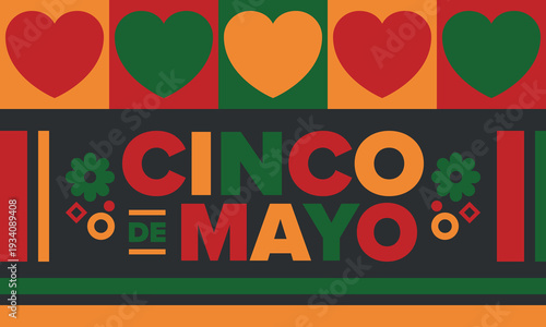 Cinco de Mayo in Mexico. Traditional mexican fiesta in May. National happy holiday with carnival, festival and parade. Latin american and spanish pattern. Illustration with sombrero. Vector poster