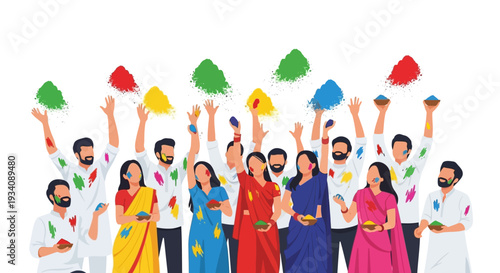Joyful Group Celebrating Holi Festival with Colorful Powder Splash - Vibrant Indian Spring Holiday Illustration