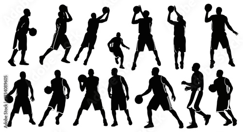 Collection of black silhouettes depicting basketball players in various action poses on a white background, showcasing dynamic movements.