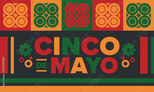 Cinco de Mayo in Mexico. Traditional mexican fiesta in May. National happy holiday with carnival, festival and parade. Latin american and spanish pattern. Illustration with sombrero. Vector poster