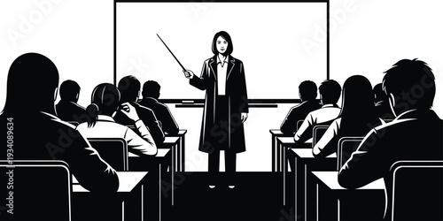 Black and white classroom silhouette, teacher pointing whiteboard, students seated desks, traditional education scene, instructional environment, attentive learning, flavector