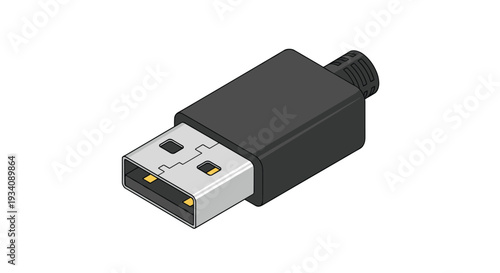 Isometric illustration of a black USB Type-A connector plug, a standard interface for connecting electronic devices and transferring data.