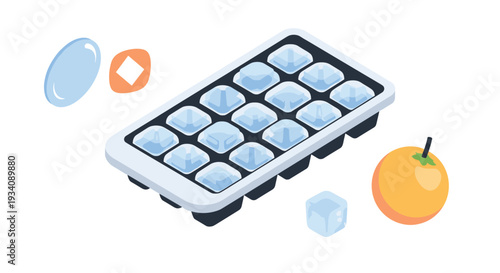 Isometric illustration of a plastic ice cube tray filled with frozen cubes, with loose ice and an orange nearby for making drinks.