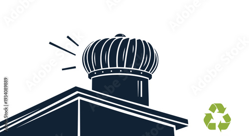 Silhouette of a wind-powered turbine ventilator on a roof, promoting green energy and sustainable, eco-friendly building solutions.