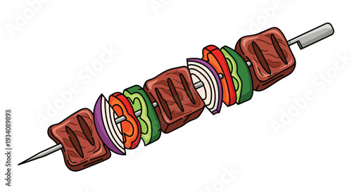 Delicious grilled shish kebab skewer with chunks of meat, bell peppers, and onions, a popular barbecue and street food dish.