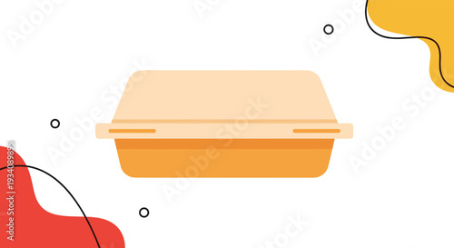 Flat design illustration of a closed disposable takeaway food container for restaurant delivery or leftovers, with abstract background shapes.