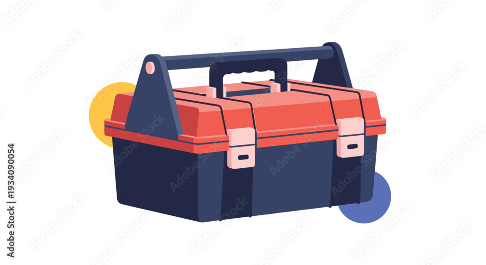 Naklejka premium Vector illustration of a classic red and blue toolbox with a handle and latches, representing tools, repair, and craftsmanship.
