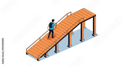 Isometric illustration of a man with a backpack carrying a hula hoop while walking up a wooden pedestrian ramp or bridge.