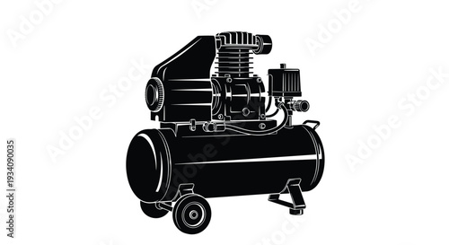 Detailed black silhouette of a portable air compressor with a tank, motor, and wheels, isolated on a white background.