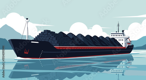 Pixel art illustration of a large bulk carrier cargo ship filled with coal, sailing on calm water with mountains in the background.