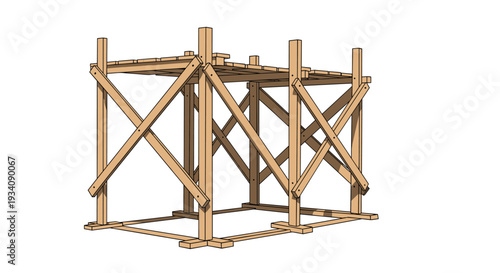 Technical drawing of a wooden scaffolding structure with cross bracing, used for construction, renovation, or repair work.
