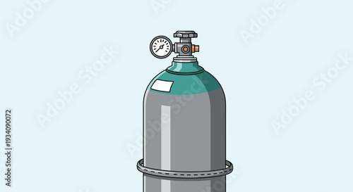 Detailed illustration of a gray and teal compressed gas cylinder with a pressure gauge and valve on a light blue background.