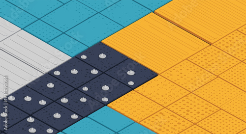 Isometric view of various types of tactile paving tiles for visually impaired individuals, including warning and directional patterns.