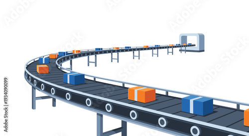 Pixel art style illustration of a long, curved conveyor belt system in a factory or warehouse, transporting blue and orange boxes.