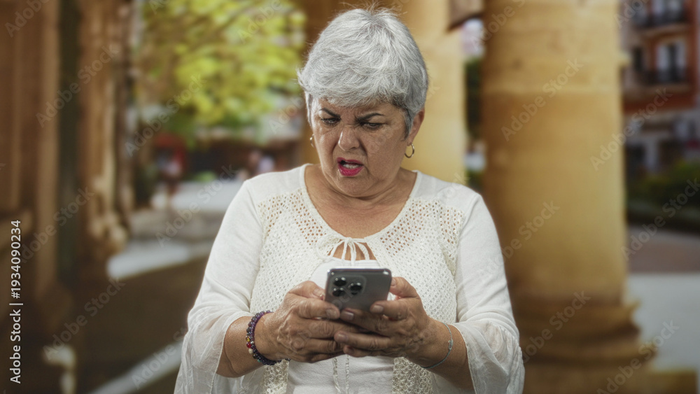 Fototapeta premium Woman holds smartphone, frowns at the screen near a colonnade outside a building on a street; frustration technology problem.