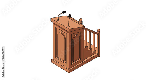 Isometric line art drawing of a classic wooden lectern or podium with two microphones, used for public speaking and presentations.