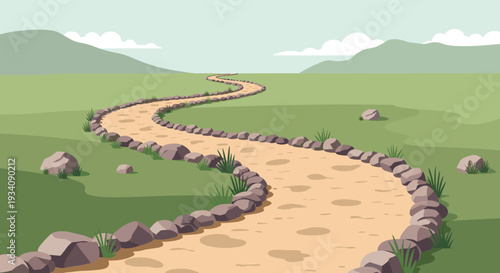 A winding dirt path lined with stones curving through a green grassy field with rolling hills in the background under a pale sky.