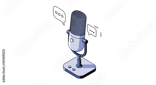 Isometric vector icon of a professional studio microphone with speech bubbles, representing podcasts, broadcasting, and communication.