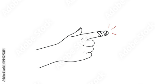 A simple line drawing of a hand with a bandage wrapped around the index finger, indicating a minor injury, cut, or first aid.