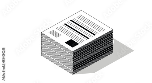 An isometric black and white illustration of a thick stack of paper or documents, representing office work, bureaucracy, or data.