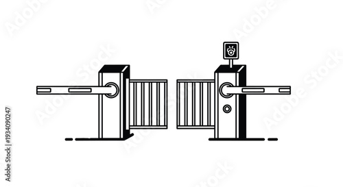 Line art illustration of an automatic security gate with boom barriers and a central fence, used for controlled vehicle access.