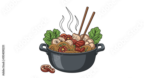 A steaming hot pot of Asian noodle soup filled with meat, mushrooms, and vegetables, with chopsticks ready to eat the meal.