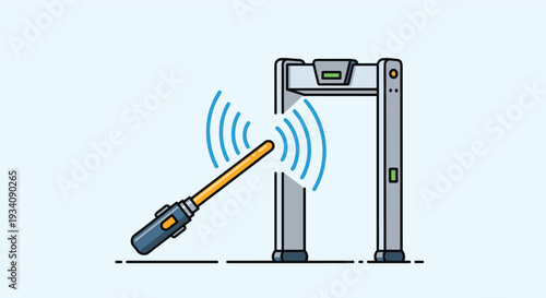 A walk-through metal detector and a handheld security wand emitting signals, illustrating airport or event security screening.