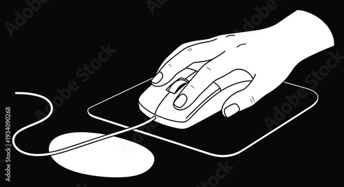 A black and white line drawing of a hand using a wired computer mouse on a mouse pad, illustrating clicking and navigating.