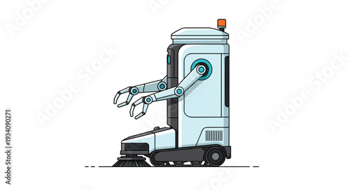 A futuristic service robot with caterpillar tracks, manipulator arms, and a cleaning brush, illustrating automation and technology.