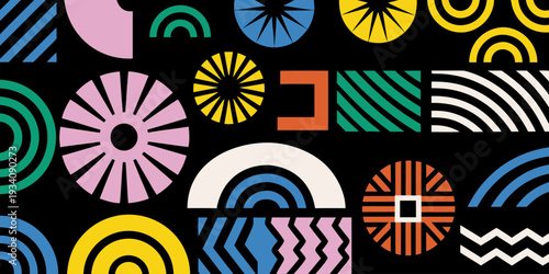 Vibrant geometric shapes in modern colorful pattern on black