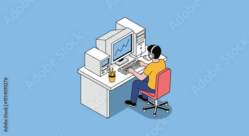 Isometric illustration of a programmer or stock trader working at a computer desk with multiple monitors showing data charts.