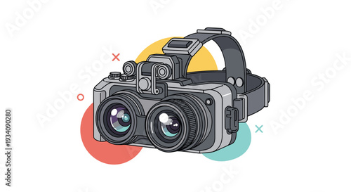 Pixel art illustration of futuristic gray binoculars with a head strap, resembling night vision or virtual reality goggles.