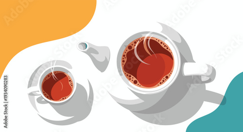 Top-down view of a steaming cup of tea and a teapot on a white surface with colorful abstract shapes in the background.