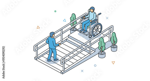 Isometric illustration of a stairlift with a person in a wheelchair at the top and a caregiver at the bottom of the stairs.