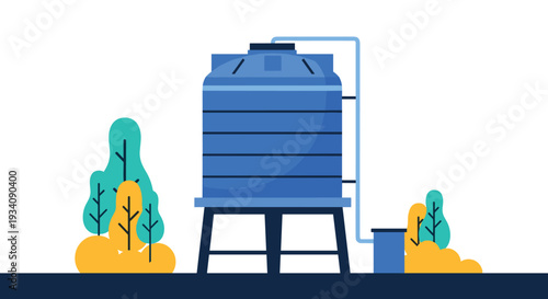 A large blue plastic water storage tank on a stand, set in a natural environment with trees, illustrating water conservation.