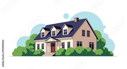 Charming illustration of a classic suburban house with three dormer windows, surrounded by green shrubs against a light blue sky.