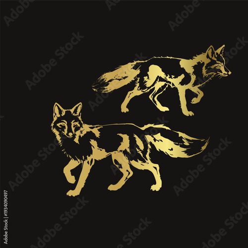 fox japanese chinese golden vector ink traditional asian design isolated