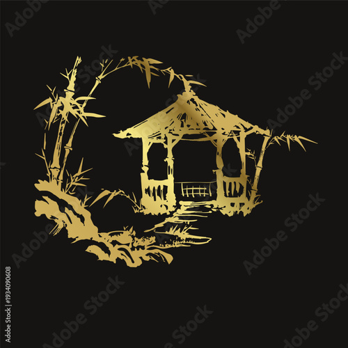 pagoda roof bamboo alcove japanese chinese golden vector ink traditional asian design isolated