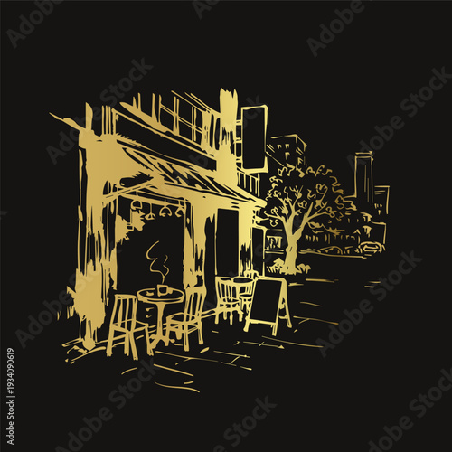 modern city coffeeshop japanese chinese golden vector ink traditional asian design isolated