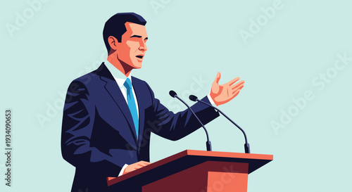 An eloquent man in a business suit giving a passionate speech at a podium with two microphones during a conference or debate.