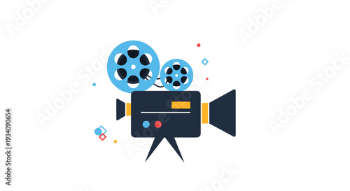 A flat style icon of a vintage movie camera on a tripod with film reels, representing cinema, filmmaking, and the movie industry.