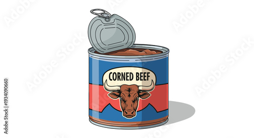 A detailed cartoon illustration of an open tin can of corned beef with a pull tab lid, showing the texture of the meat.