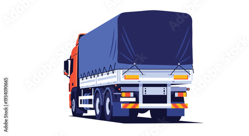 The rear view of a large semi-truck with a blue tarp cover over its cargo trailer, illustrated in a pixel art style.