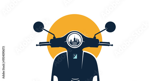 A stylish silhouette of a scooter's front with a city skyline reflection, set against a large yellow sun or moon.