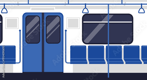 A clean and empty interior of a modern subway or train car with blue seats, doors, and handrails, in a flat vector style.