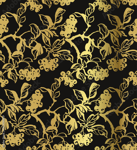 rowan berries japanese chinese seamless golden vector pattern ink design 