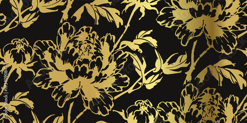 peony flowers japanese chinese seamless golden vector pattern ink design 