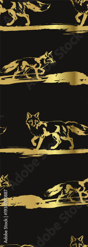fox japanese chinese seamless golden vector pattern ink design 