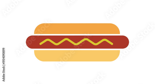 A simple and vibrant illustration of a hot dog with mustard, a food icon, and concept