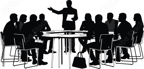 Black and white silhouette illustration, business meeting, leader presenting, round table discussion, corporate teamwork, collaboration, communication, professional environment, workplace scene